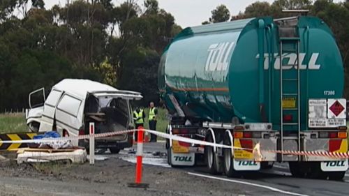 A man has been killed after his van collided with a truck on the Princes Highway near Mount Moriac. (9NEWS)