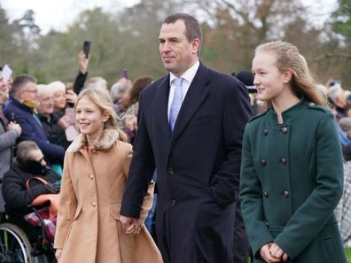 (left to right) Isla Phillips, Peter Phillips and Savannah Phillips attending the Christmas Day morning church service at St Mary Magdalene Church in Sandringham, Norfolk. Picture date: Sunday December 25, 2022. (Photo by Joe Giddens/PA Images via Getty Images)