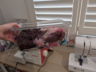 Sewing room storage makeover with Kmart's smooth and shiny plastic bins