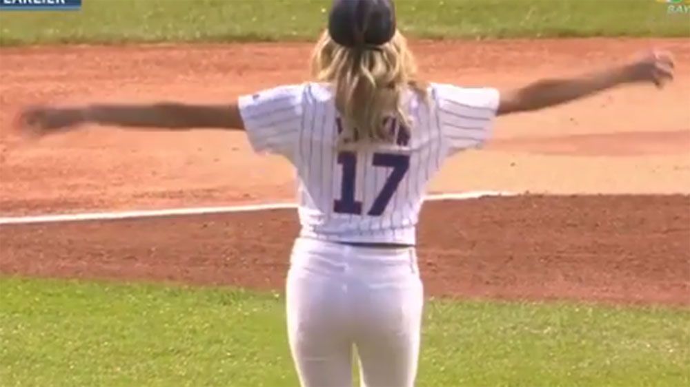 US gymnast Nastia Liukin throws opening pitch at Chicago Cubs game
