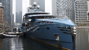 The Superyacht Phi, which was seized by UK government, at Canary Wharf on March 29, 2022 in London, England. Transport Minister, Grant Shapps, has detained the superyacht Phi, worth £38 million, as part of UK government sanctions against Russians with links to President Putin since Russia invaded Ukraine.