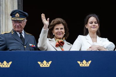 STOCKHOLM, SWEDEN - APRIL 30: King Carl XVI Gustaf, Queen Silvia, and Princess Sofia of Sweden attend the King's birthday celebrations at the inner courtyard of the Royal Palace on April 30, 2025 in Stockholm, Sweden. (Photo by Michael Campanella/Getty Images)