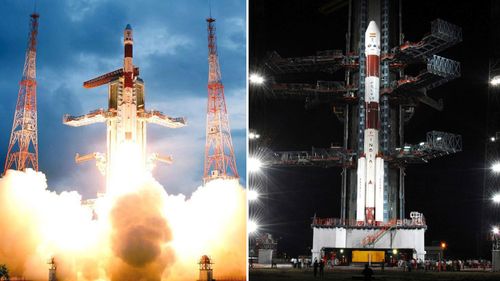 A handout picture from the Indian Space Research Organisation (ISRO) released on 23 October 2008, shows the Indian spacecraft Polar Satellite Launch Vehicle -C11 (PSLV) lifting off carrying India's first lunar probe Chandrayaan-1.
