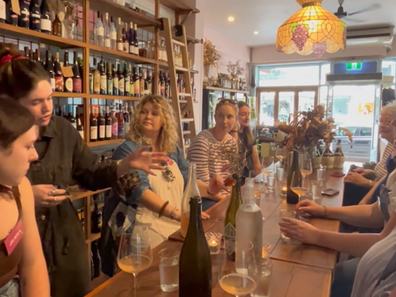 The book crawl had one stop for a wine tasting, where alcohol-free wines and sodas were readily available.