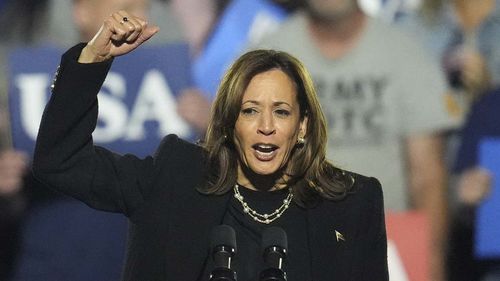 Democratic presidential nominee Vice President Kamala Harris speaks during a campaign rally at Carrie Blast Furnaces in Pittsburgh, Monday, Nov. 4, 2024. (AP Photo/Gene J. Puskar)