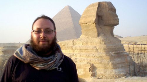 An undated photo of journalist Steven Sotloff at the Great Sphinx in Egypt. (Supplied, Facebook)