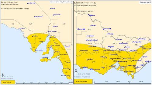 Severe weather warnings issued for South Australia (left) and Victoria (right). (BoM)