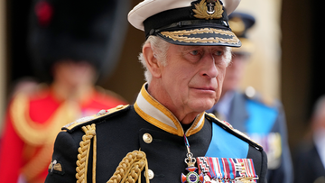 King Charles III follows the hearse with the coffin of Queen Elizabeth II moving towards St. George&#x27;s Chapel at the Windsor Castle, in Windsor, England, Monday Sept. 19, 2022.