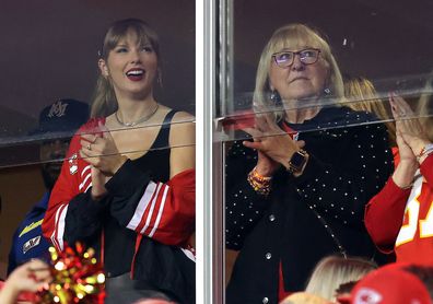 Taylor Swift and Donna Kelce cheer at the game between the Kansas City Chiefs and the Denver Broncos at GEHA Field at Arrowhead Stadium on October 12, 2023 in Kansas City, Missouri. (Photo by Jamie Squire/Getty Images)