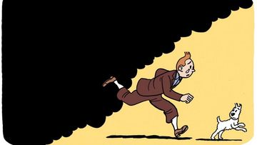 A drawing of Tintin fleeing smoke by cartoonist Kim.