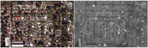 This photo combo of satellite images provided by DigitalGlobe shows Long Point Park Highway 98 in Panama City, Fla., on Nov. 17, 2017, left, prior to Hurricane Michael and on Oct. 11, 2018.