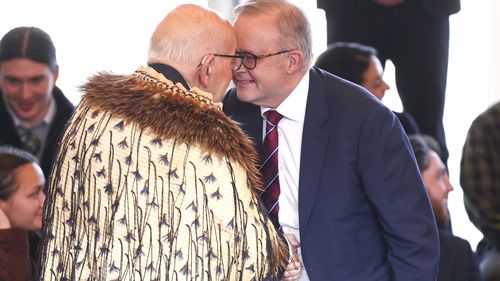 Australian Prime Minister Anthony Albanese greets Sir Tipene O'Regan with a hongi during a powhiri in Queenstown, New Zealand.