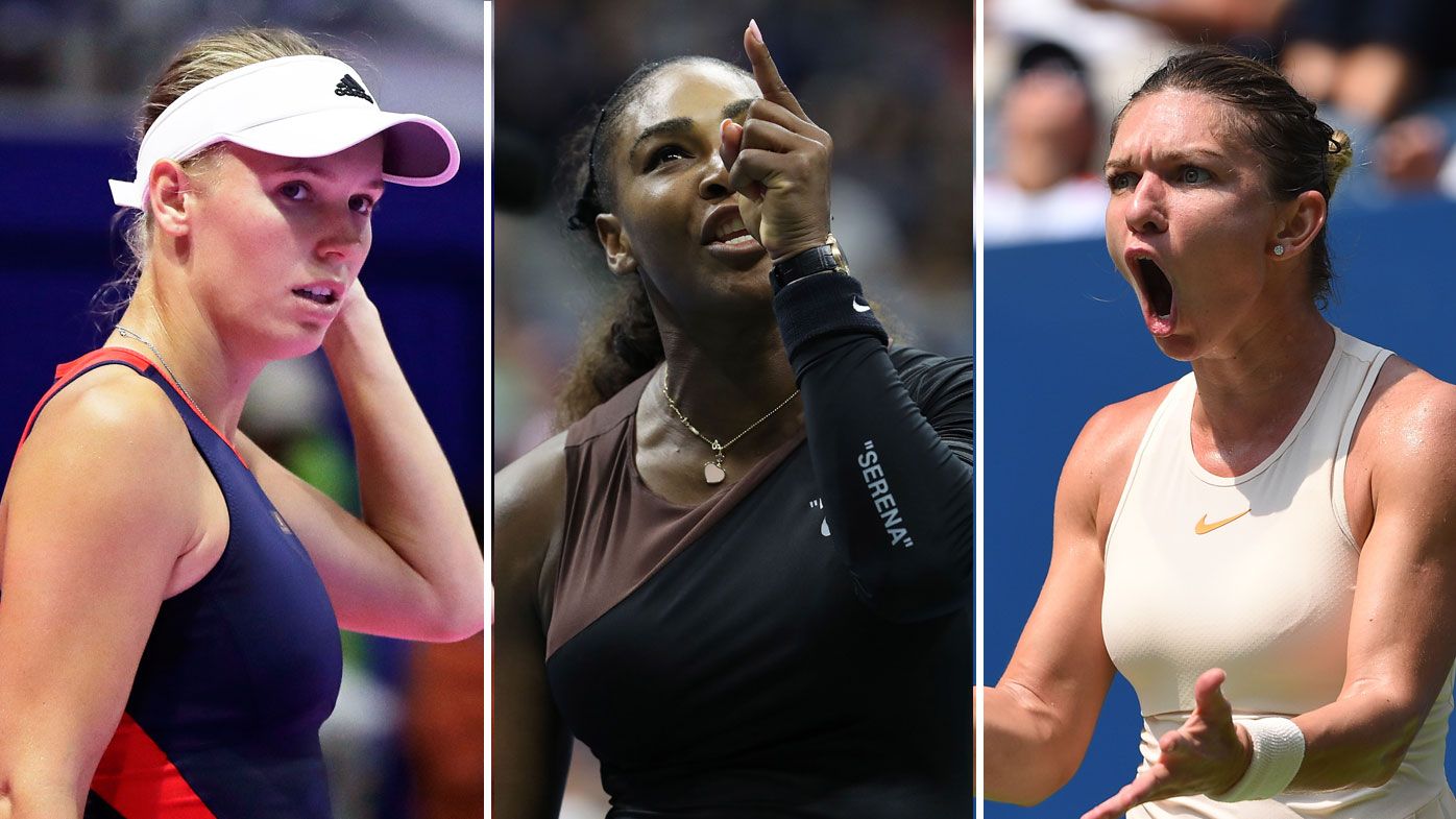 Caroline Wozniacki (l), Serena Williams (c) and Simona Halep (r)