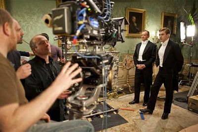Dan Stevens (Matthew Crawley) and Hugh Bonneville (Robert Crawley) amuse themselves while a scene is set up.