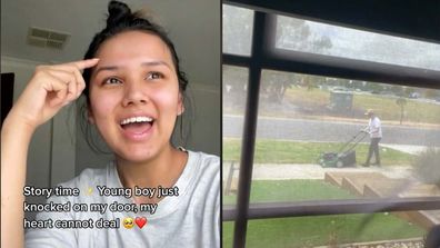Left: Mum Jasmine talking to camera, Right: Young boy seen mowing lawn through window