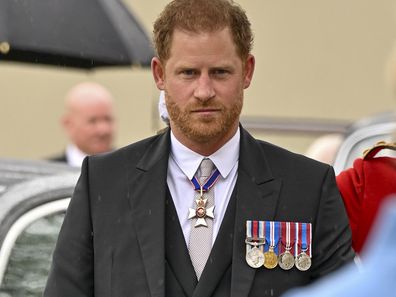 Prince Harry arrives for the coronation of King Charles at Westminster Abbey, London