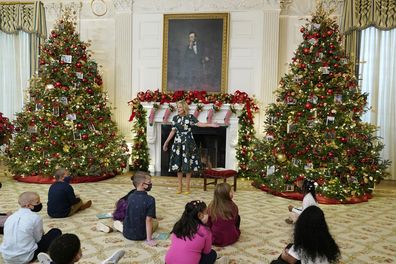 First lady Jill Biden talks to a group of students from Malcolm Elementary School in Waldorf, Md., in the State Dining Room of the White House in Washington, Monday, Nov. 29, 2021, before reading to them a book co-written with granddaughter Natalie, Dont Forget, God Bless Our Troops. (AP Photo/Susan Walsh)