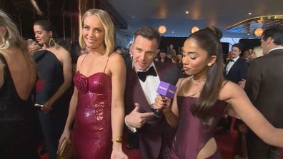 Sylvia Jeffreys, David Campbell and Maria Thattil on the 2023 Logies red carpet