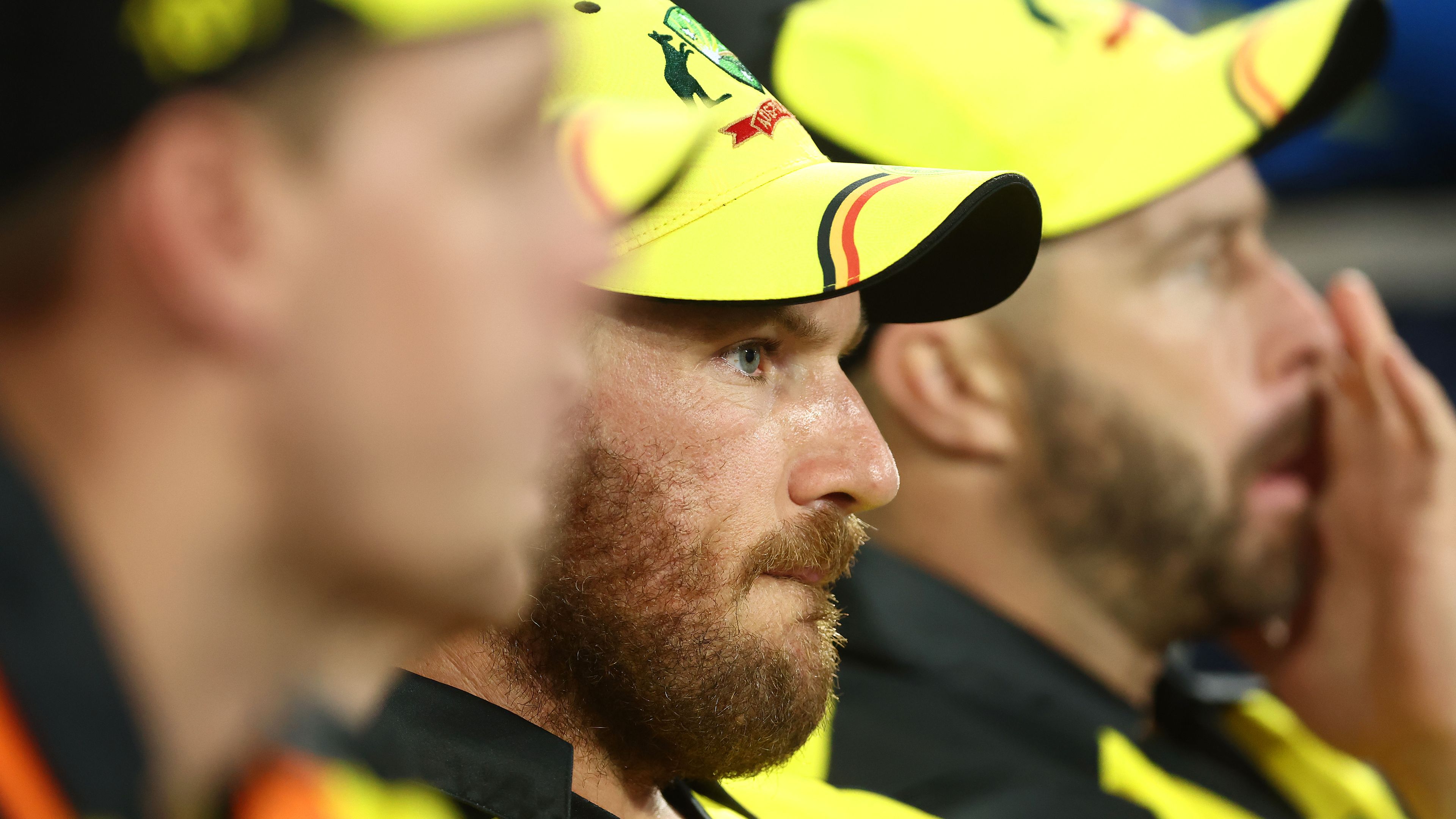 SYDNEY, AUSTRALIA - OCTOBER 22: Aaron Finch of Australia looks on from the bench during the ICC Men&#x27;s T20 World Cup match between Australia and New Zealand at Sydney Cricket Ground on October 22, 2022 in Sydney, Australia. (Photo by Mark Metcalfe-ICC/ICC via Getty Images,)
