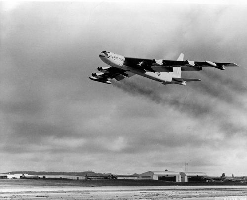 In this 1965 file photo, a U.S. Air Force B-52 bomber takes off from Guam for a strike against the Viet Cong in Vietnam. (AAP)