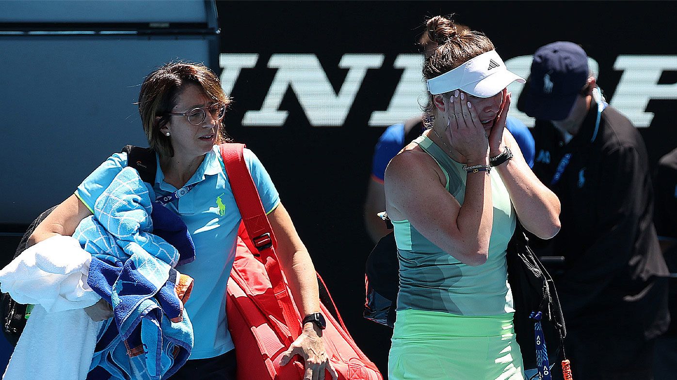 Elina Svitolina leaves Margaret Court Arena in tears after a back injury forced her early retirement against Linda Noskova