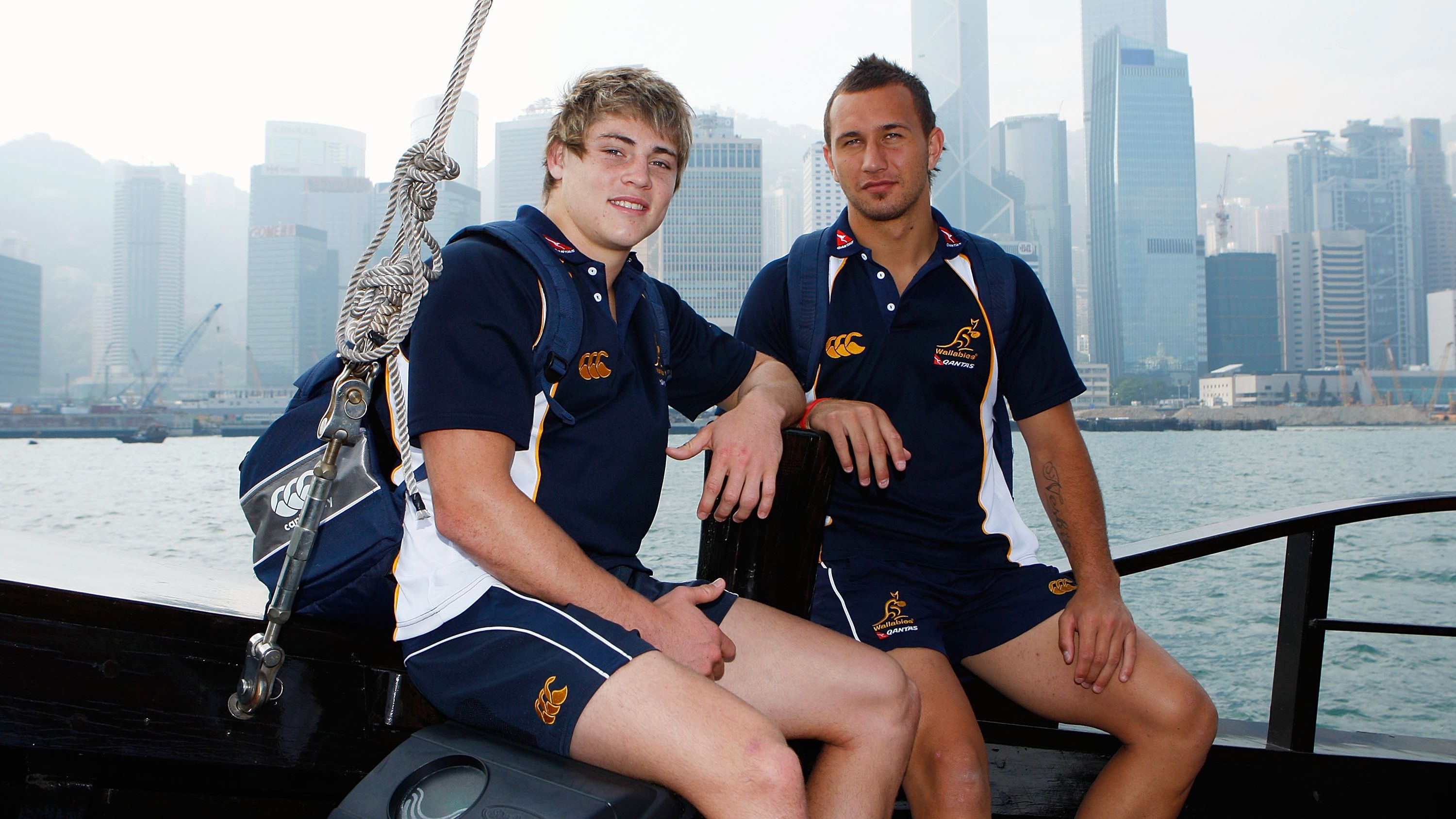 James O&#x27;Connor and Quade Cooper onboard a junk on Hong Kong Harbour in 2008.