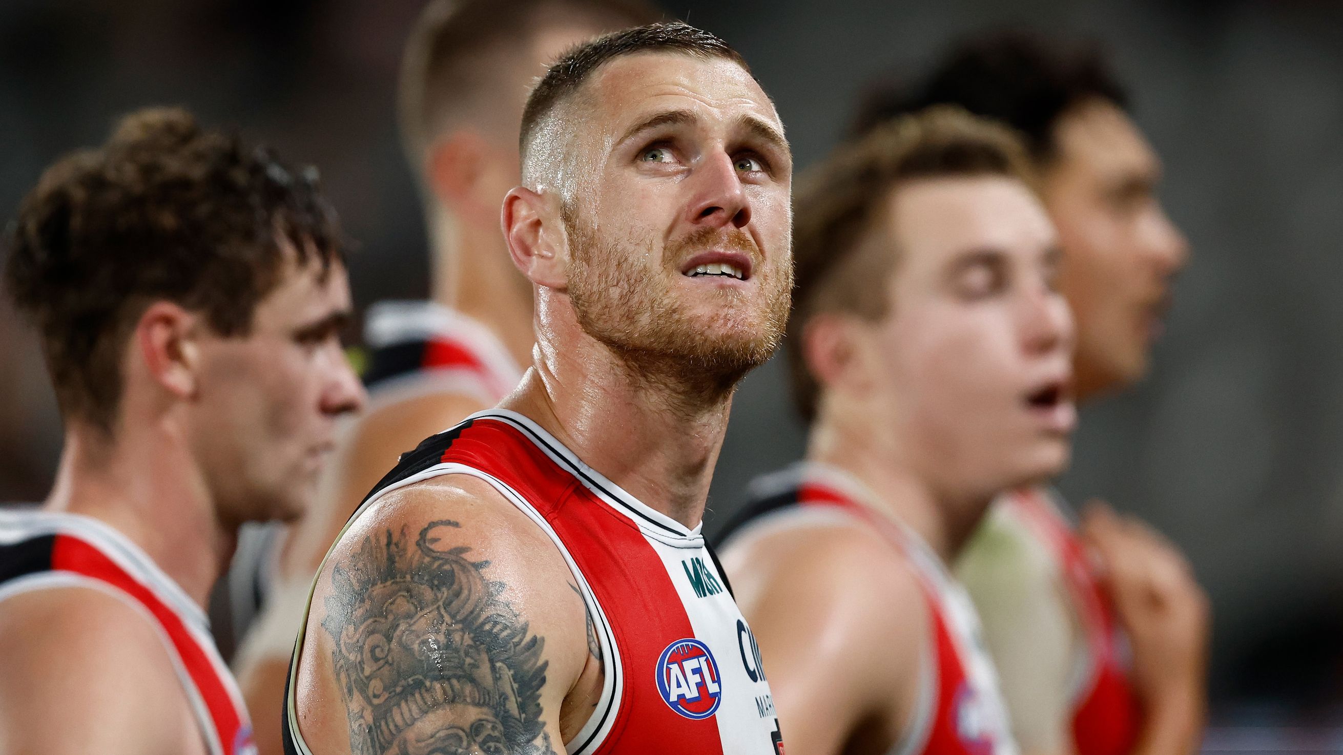 MELBOURNE, AUSTRALIA - APRIL 28: Tim Membrey of the Saints looks dejected after a loss during the 2023 AFL Round 07 match between the St Kilda Saints and the Port Adelaide Power at Marvel Stadium on April 28, 2023 in Melbourne, Australia. (Photo by Michael Wilson/AFL Photos)