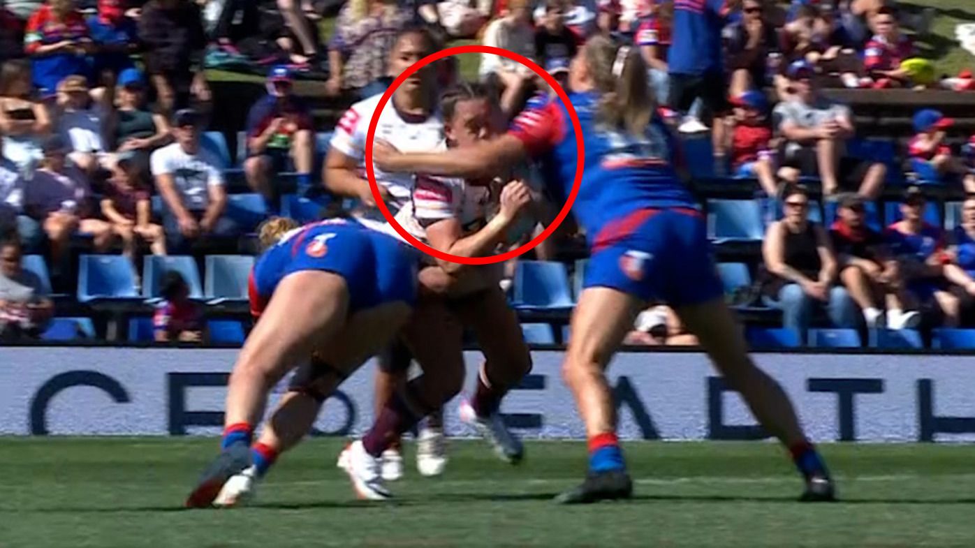 Caitlan Johnston has avoided a ban and is free to play the NRLW grand final against the Titans despite being charged for this high shot against the Broncos.
