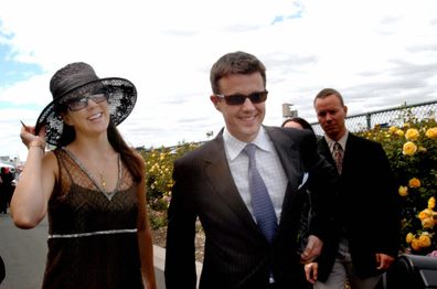Mary Donaldson and Crown Prince Frederik of Denmark at the Melbourne Cup 2002, the race that stops the nation, Flemington Racecourse, Victoria 