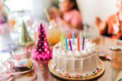 Close-up of a birthday cake on the table at home
