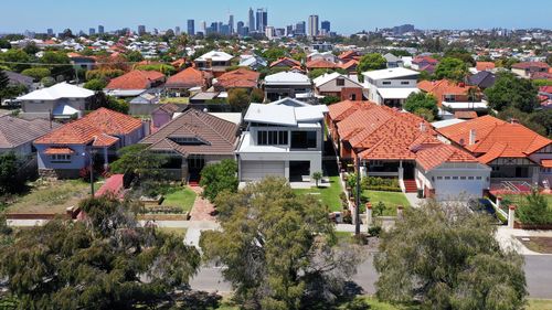 Aerial urban suburban cityscape landscape view in Perth Western Australia.