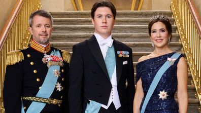 Crown Prince Frederik and Crown Princess Mary with Prince Christian on Sunday October 15 2023 inside Frederik VIII&#x27;s Palace at Amalienborg in Copenhagen.