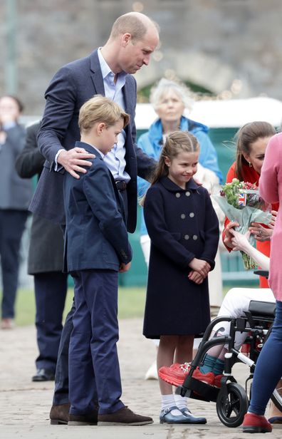Prince William, Duke of Cambridge with Prince George of Cambridge and Princess Charlotte of Cambridge during a visit to Cardiff Castle, where they will meet performers and crew involved in the special celebration concert taking place in the castle grounds on June 04, 2022 in Cardiff, Wales. 