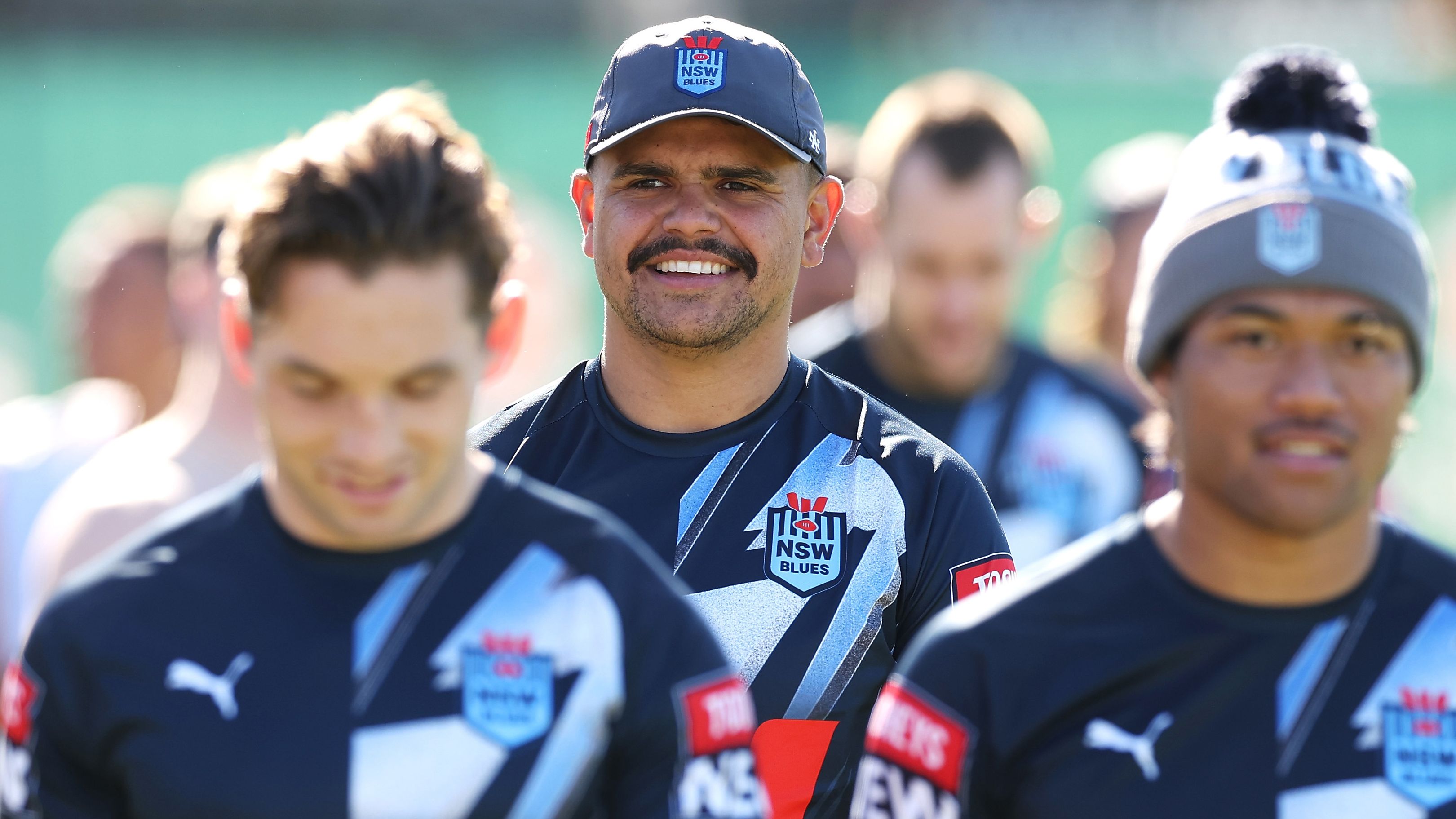 Latrell Mitchell smiles at New South Wales Blues State of Origin training.