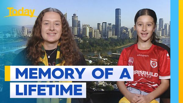 Sam Kerr gifts young Matildas fan Zara Borcak winning jersey at Suncorp  Stadium after victory against France