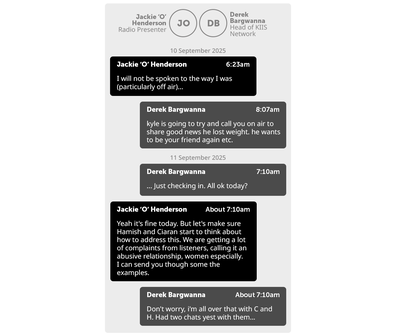 Text exchange between Derek Bargwanna, Head of KIIS Network, and Jackie 'O' Henderson