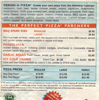 Domino's menu 1996