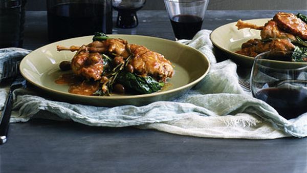 Braised wild rabbit with salami, cavolo nero and olives