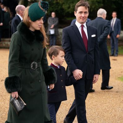 (left to right) Princess Beatrice, Christopher Woolf, and Edoardo Mapelli Mozzi attending the Christmas Day morning church service at St Mary Magdalene Church in Sandringham, Norfolk. Picture date: Sunday December 25, 2022. (Photo by Joe Giddens/PA Images via Getty Images)