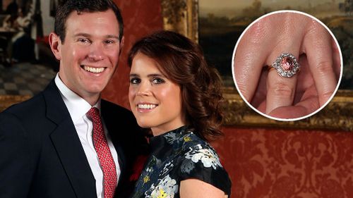Princess Eugenie and Jack Brooksbank in the Picture Gallery at Buckingham Palace in London after they announced their engagement in January. (AAP)