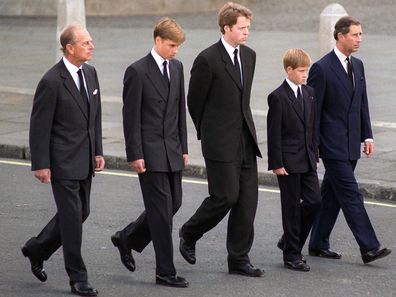 The Duke Of Edinburgh, Prince William, Earl Spencer, Prince Harry And The Prince Of Wales Following The Coffin Of Diana, Princess Of Wales  (Photo by Tim Graham Photo Library via Getty Images)
