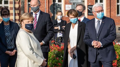 German President Frank-Walter Steinmeier, arrives with his wife Elke Buendenbender, German Chancellor Angela Merkel and Dietmar Woidke, President of the Federal Council, with his wife Susanne Woidke during an Ecumenical church service to mark the 30th anniversary of German reunification on October 03, 2020 in Potsdam, Germany