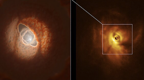 The SPHERE image (right) with an ESO artist impression (left).