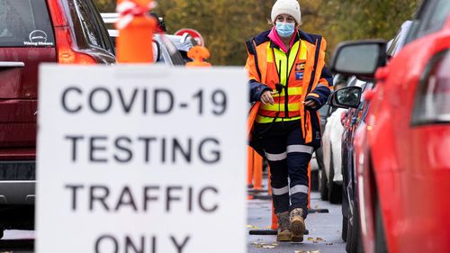 Queues build at a pop-up COVID-19 test site at Albert Park Lake in Melbourne.