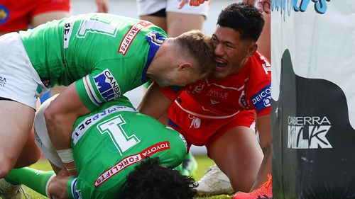 Dragons youngster Talatau Amone after his first try against the Raiders