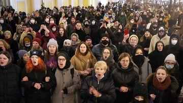 Demonstrators shout slogans in St. Petersburg, Russia, Friday, Feb. 25, 2022. Shocked Russians turned out by the thousands Thursday to decry their country&#x27;s invasion of Ukraine as emotional calls for protests grew on social media. Some 1,745 people in 54 Russian cities were detained, at least 957 of them in Moscow. (AP Photo/Dmitri Lovetsky)