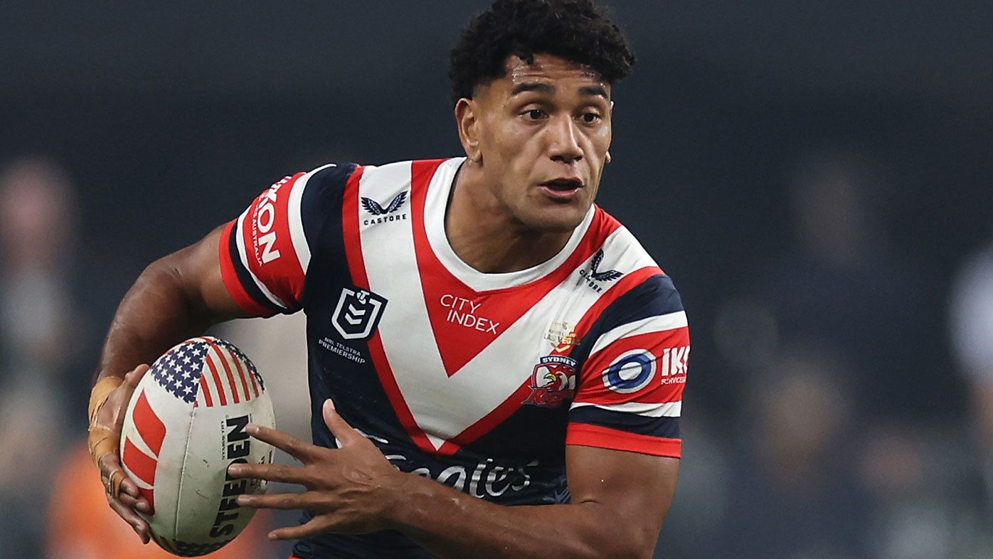 Roosters gun Siua Wong runs the ball during the round one NRL match against the Broncos at Allegiant Stadium, on March 02, 2024, in Las Vegas, Nevada.