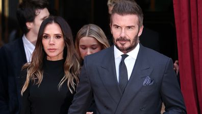 Victoria Beckham and David Beckham and family leaving their hotel during Haute Couture Spring Summer 2026 as part of Paris Fashion Week on January 26, 2026 in Paris, France. 