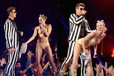 Brushing Robin Thicke's junk with a giant foam hand was the least of it! Miley stripped, twerked and outraged with her now-infamous MTV Video Music Awards performance of 'We Can't Stop' and 'Blurred Lines' in August. A friend of Miley's told Radar Online that Liam was 'absolutely mortified' and 'embarrassed' by the overtly raunchy performance.<br/><br/>Image: Getty