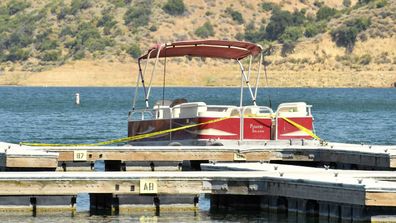 A boat is docked and roped off with police tape at Lake Piru, where actress Naya Rivera was reported missing Wednesday, on July 9, 2020 in Piru, California. According to the Ventura County Sheriff's Department this is believed to the boat that was rented by Rivera.